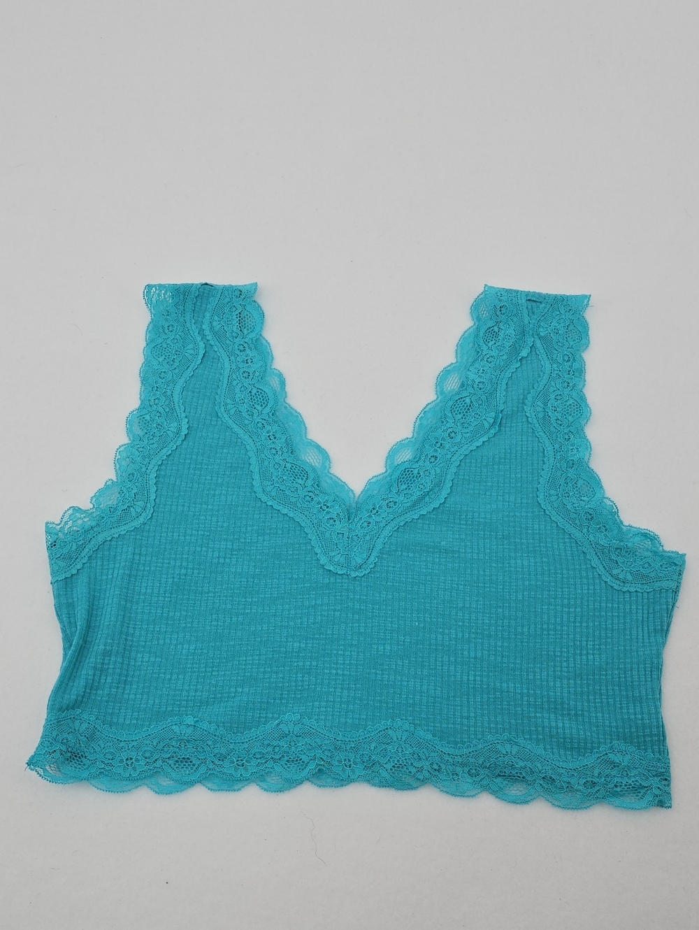 POL Ribbed Cropped Top Lace-Trim Cami Tank Top - Aqua Blue
